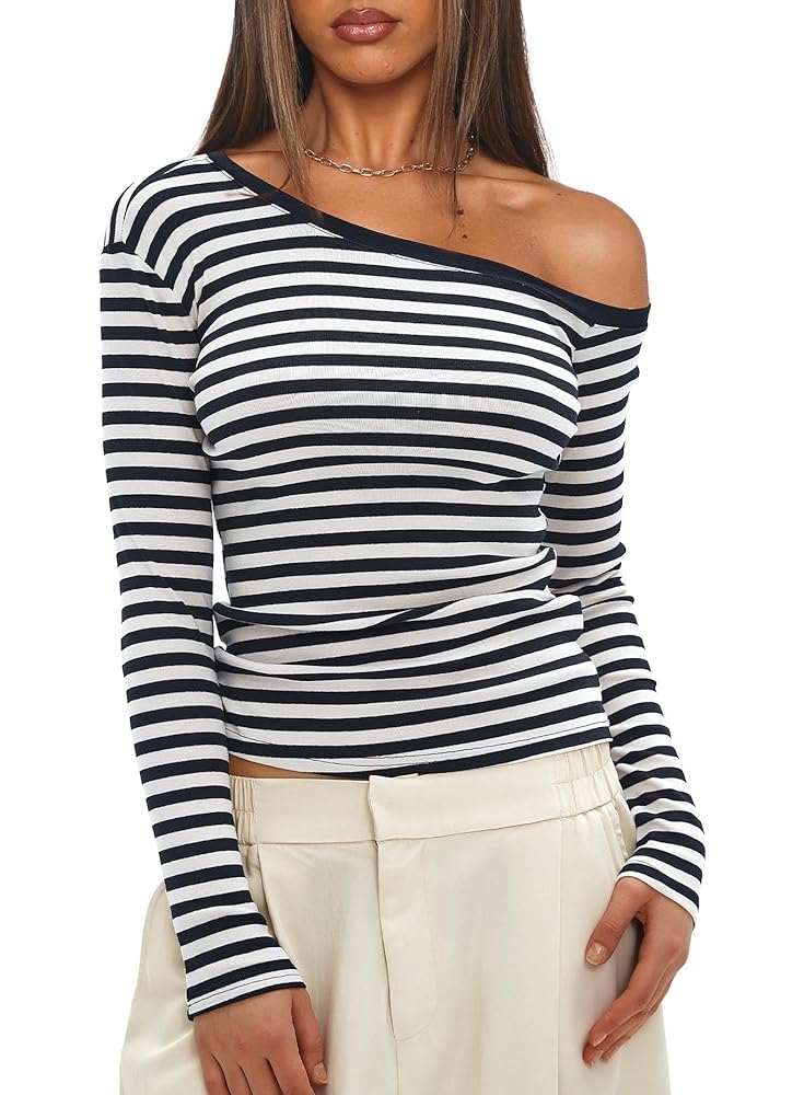 Tシャツ・カットソー FLARE UP Handmade Twisted One-Shoulder Long Sleeve Darong Women One Shoulder Top Striped Long Sleeve Shirts